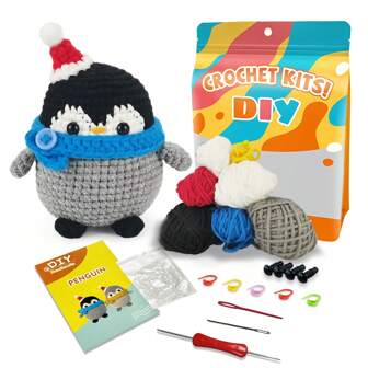Kit de crochet pour débutants - Inclut un tutoriel vidéo pas à pas, des instructions faciles à suivre, un set de DIY complet, un art décoratif fait main pour la maison - Pingouin de Noël