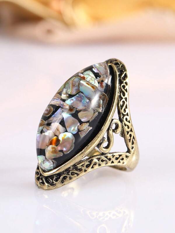 1pc Vintage Elegant Antique Bronze Iridescent Shell Embossed Ring For Women