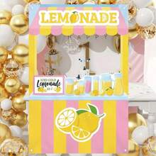 1pc Lemonade Stand Backdrop Banner, Vibrant Summer Party Decoration For Birthday, Party And Bridal Shower - Yellow And Pink Striped Design With Lemon And Ice Cream Illustrations, Photo Booth Prop, Lemon Decor