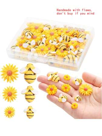 60 件微型树脂蜜蜂雏菊花，平背雏菊花大黄蜂装饰蜜蜂装饰带盒 DIY 花环蛋糕装饰花蜂用于工艺品派对装饰