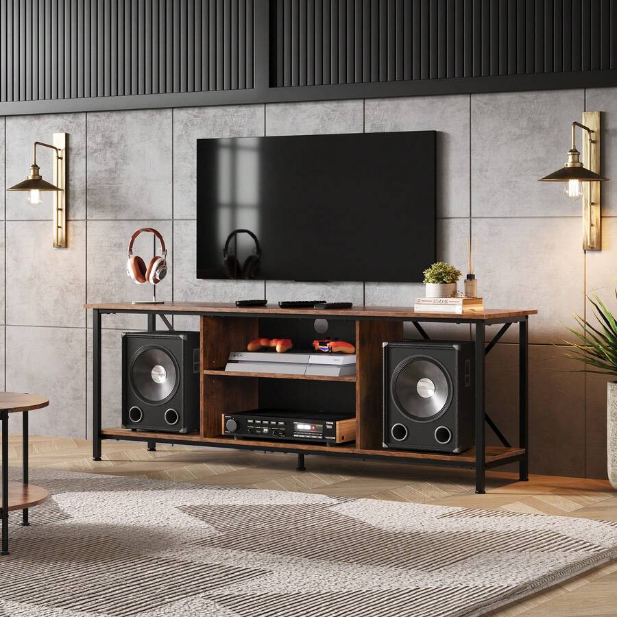 Mueble TV GALAXHERO para televisores de 65 pulgadas, consola TV industrial de 55" con estante abierto, centro de entretenimiento para sala de estar, dormitorio y sala de cine en casa, unidad de almacenamiento de medios - Marrón rústico - Ver 1