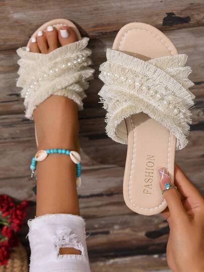 全新夏季女式珍珠装饰流苏平底拖鞋，交叉带家居拖鞋