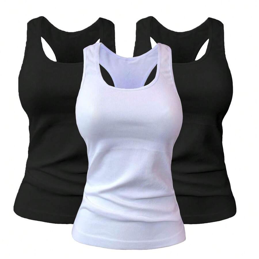 Playera Básica Tirantes Anchos Dama Unitalla Set 3 Pzs    Casual - Blanco y Negro - Ver 1