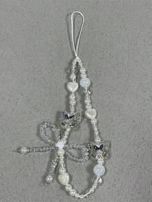 复古白色心形与蝴蝶结手机挂绳，甜美短款相机带，轻盈奢华，新款，以实际商品为准，适合送给母亲、家人、朋友、生日、节日的手机挂饰、手机链 - 白色 - 查看 2