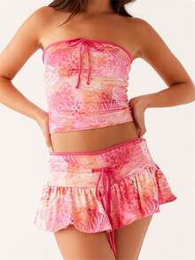 Womens Two Piece Summer Outfits Strapless Tie-Up Front Tube Tops And Mini Skirt Set Clubwear - Pink - View 2