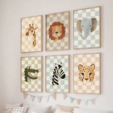 1/6 piezas Cuadros de arte de pared con animales, impresiones en lienzo de cocodrilo, león, elefante, jirafa, cebra, leopardo, lindos animales de dibujos animados, decoración para habitaciones de bebés, niños y salas de juegos sin marco