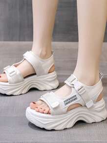 Women's Summer Wedge Thick-Sole Sport Sandals, Hook And Loop Strap Letter Pattern Casual Student Flat Sandals