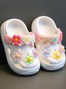 1 Pair White Flower Decor Round Toe Princess Style EVA Soft Waterproof Non-Slip Breathable Lightweight Flat Baby Beach Sandals, Suitable For Summer Beach & Outdoor