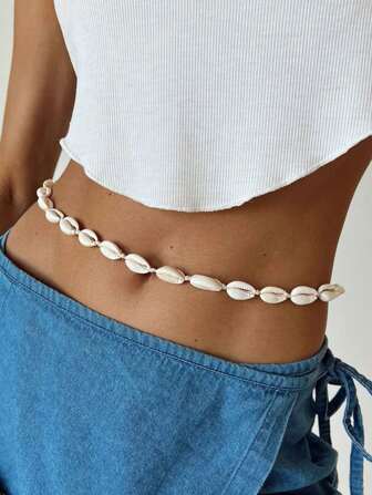 1 pieza Cadena/Cinturón versátil tejido con conchas, joyería corporal, accesorio para vacaciones en la playa (Cantidad de conchas variada debido a la diferencia de tamaño de las conchas, se advierte a los compradores)
