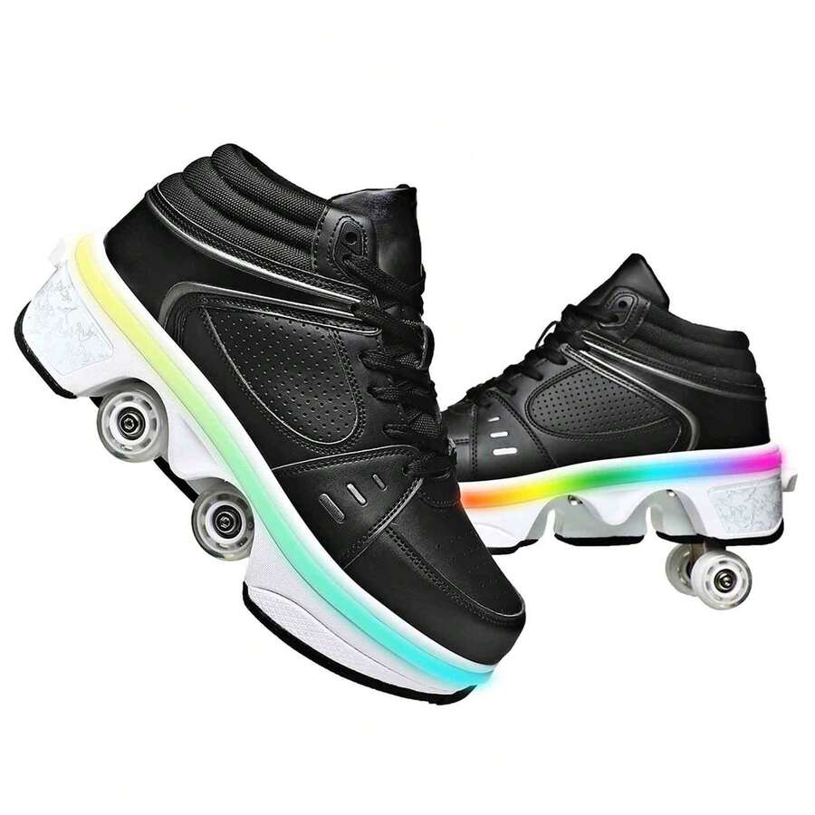 Transformable Flashing Roller Skates For Woman Retractable Wheels Y2K Outdoor Party All Seasons Double-Row Deform Wheel Automatic Walking Shoes, Black - 黑色 - 查看 1