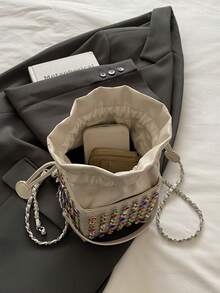 1pc New Crossbady Bags For Girl Women's Pu Leather Handbags Female Lady Bucket Shoulder Messenger Bags Classic Fashion Square High Quality Brand Designer Rhinestone Studded Camera Makeup Bag Drawstring Bag Chain Shoulder Strap With Drawstring Suitable For Dating, Shopping, Commuting, And Working Black Silver White - Multicolor - View 13