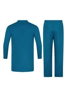 2 Peças Conjunto Dashiki Azul Masculino: Decoração Dupla-Fileira, Recorte em V, Camisa de Manga Longa, Calça de Cintura Elástica, Traje Casual de Estilo Africano, Adequado para Casamento, Festa, Encontro, Uso Diário, Eventos Culturais, Todas as Estações