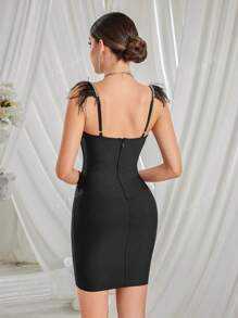 Feather Halter Rhinestone Skinny Wrap Hip Dresses Evening Party Gown, Wedding Guest Dress