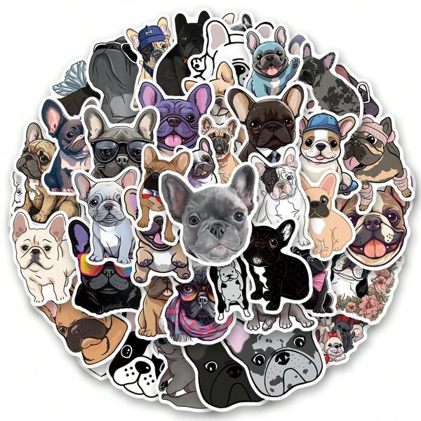 50Pcs French Bulldog Stickers Vinyl Aesthetics Stickers Scrapbooking, Diary, Bumper, Skateboard, Water Bottle, Cartoon, Hard Hat, Car Stickers And Decals
