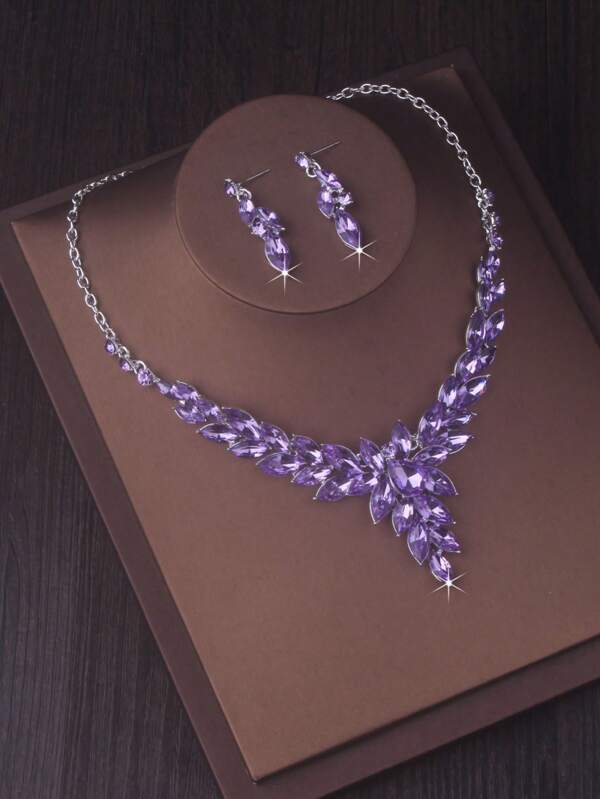 High-End Fashionable Necklace & Earring Set For Women, 3 Colors (Purple, Red, Blue) Available For Wedding, Bride, Stage Performance, Banquet