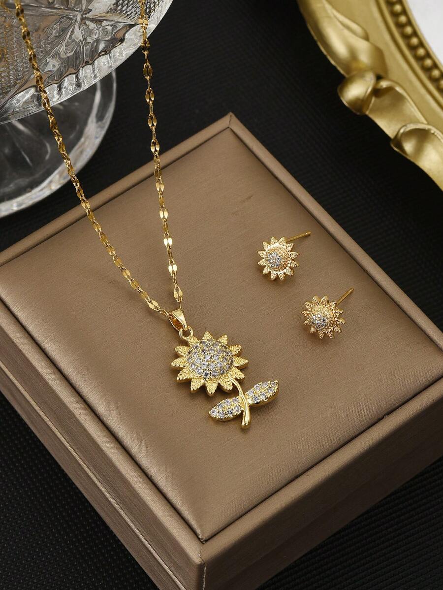 1 Stück 18 Karat vergoldete vollständig mit Strass besetzte Sonnenblume Edelstahl Damen Halskette, 1 Paar 18 Karat vergoldete vollständig mit Strass besetzte Sonnenblume Edelstahl Damen Ohrringe