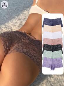 7 PCS Women's Sexy Lace Splicing Boxer Shorts Mid Waist Seamless Panties Comfortable And Breathable Briefs Tummy Control &Butt Lifter Stretch Underwear Lingerie