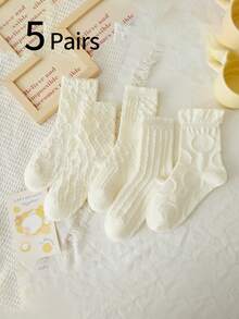 5 Pairs White Girls Lolita Ballet Style Ruffle Edge Mid-Calf Socks, Sweet Casual Breathable For Matching With Ballet Flats - Multicolor - View 1