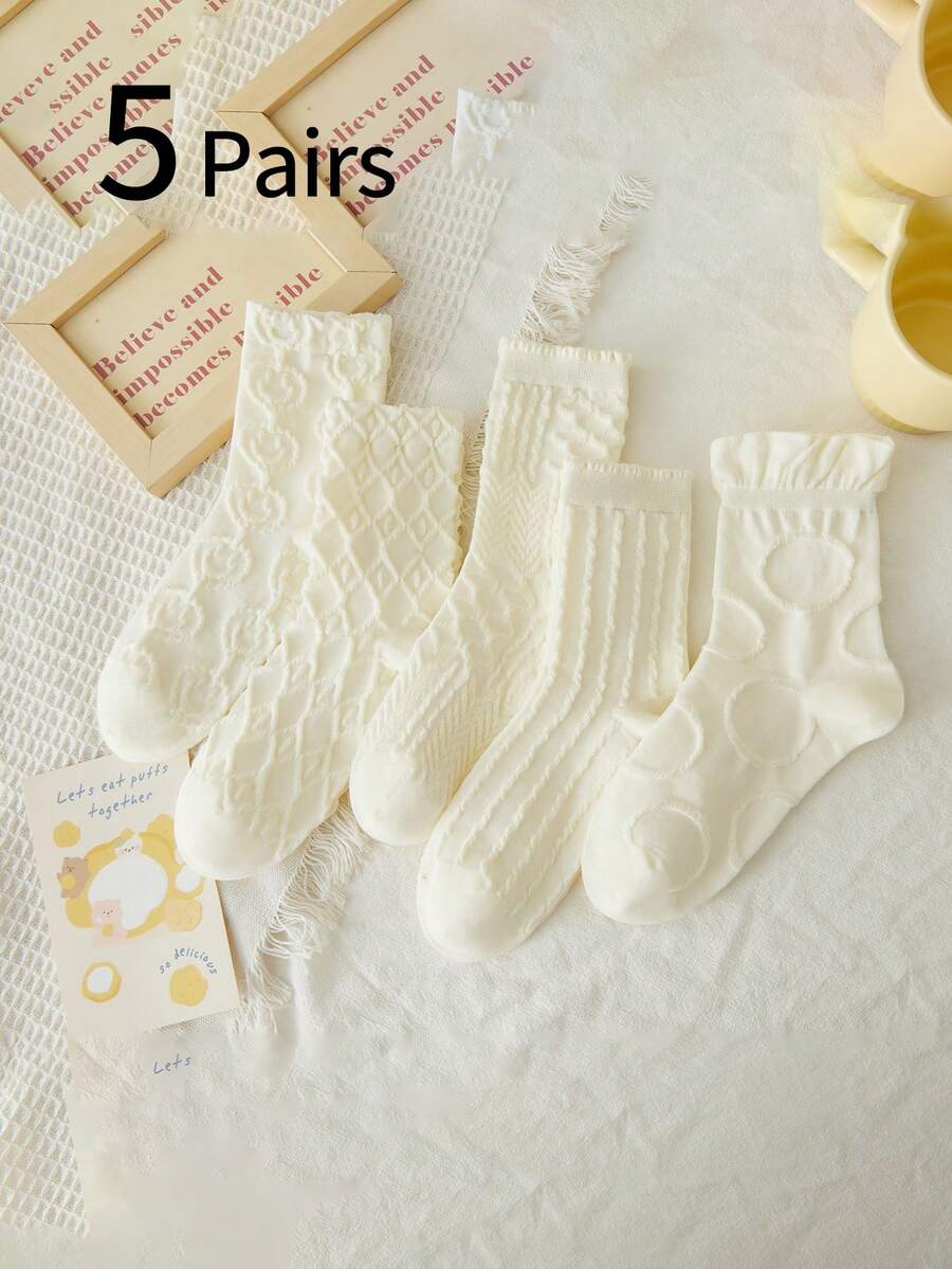 5 Pairs White Girls Lolita Ballet Style Ruffle Edge Mid-Calf Socks, Sweet Casual Breathable For Matching With Ballet Flats - Multicolor - View 1