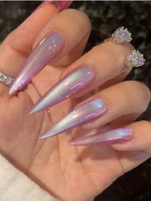 24 件新款长尖全息光泽指甲贴，简约时尚按压式指甲套装，适合时尚女性，包括 1 个指甲锉和 1 个果冻指甲胶美甲用品 - 粉色 - 查看 1