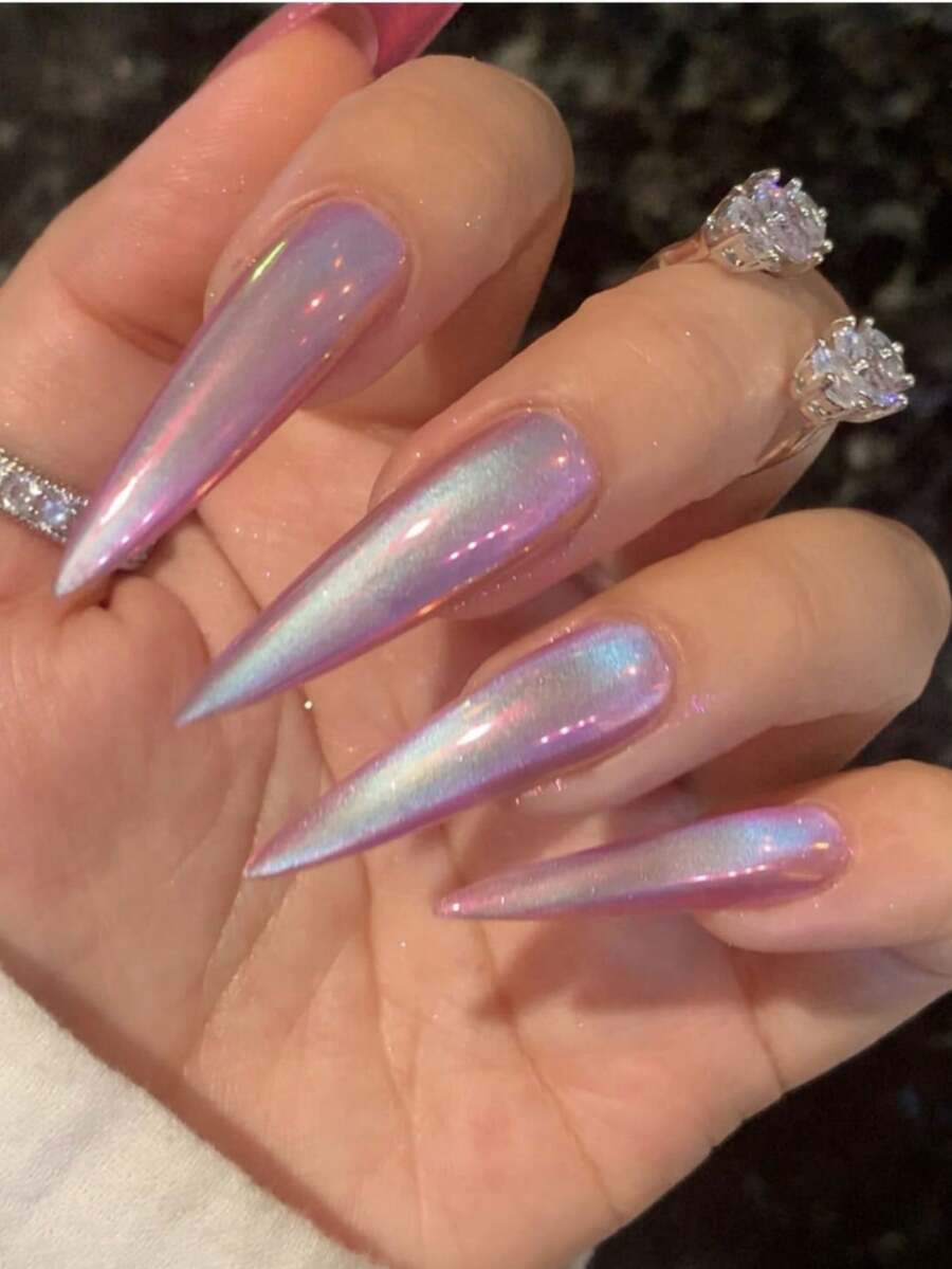 24 件新款长尖全息光泽指甲贴，简约时尚按压式指甲套装，适合时尚女性，包括 1 个指甲锉和 1 个果冻指甲胶美甲用品 - 粉色 - 查看 1