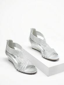 Women's Wedge Sandals Open Toe Rhinestone Fashion Comfortable For Party Wedding Dress Summer Shoes - Bạc-PAT - Xem 5