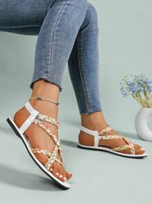 Women's Flat Sandals, White Round Toe Woven Strap Fashion Sandals, Roman Style Elastic Band Comfortable Slip-On Sandals, Suitable For Vacation, Travel, Shopping, Dating, Beach