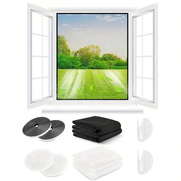 Universal Transparent Self-Adhesive Anti-Mosquito Fly Screen, Cutleable For Window Size 130 X 150 Cm, No Need To Drill Holes, Comes With Cutting Tool, Adhesive, DIY Cuttable (Black, White)