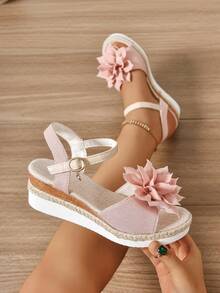 Women's Fashion 3D Floral Decor Jute Rope Bottom Wedge Sandals, New Stylish Resort Style, Casual Simple Thick Bottom Sandals, Comfortable Non-Slip, Antibacterial, Odor-Resistant, Soft Open Toe Bohemian Style Sandals, Suitable For Summer Outdoor, Travel, Holiday, Wedding Attendance, Party Outfit - Pink - View 1