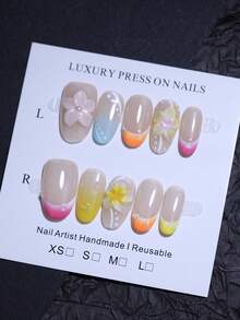 Colorful 3D Hand Carved Flowers Nail Decoration 100% Handmade Press On Nails French Style Manual Nails 10pcs Oval Short Fake Nail Tips Reusable DIY Nail Art Design Nail Products For Spring And Summer - Multicolor - View 13