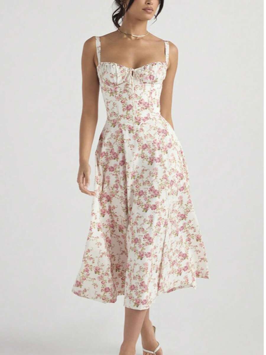 Floral Bustier Midi Dress – Romantic Corset Fit & Flare For Spring & Garden Parties All Over Print Floral Ditsy Floral Boho Ruffle Hem Ruched Bust Knot - 粉色 - 查看 1