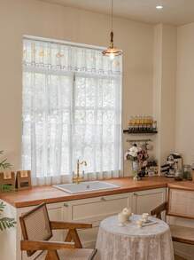 2pcs "Encounter Tenderness! Lace Curtain Covers Window, Infuses Kitchen With Dreamy Ambience, Displaying Elegant Living Aesthetics" Nordic Romantic Style, 100% Polyester Material, Rod Pocket Design, Suitable For Bedroom, Living Room, Kitchen, Balcony