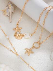 Juego de 3 collares tipo Y de estilo bohemio con colgantes de estrellas de mar y conchas marinas, perlas artificiales elegantes y vintage para mujer, decoración diaria y festiva