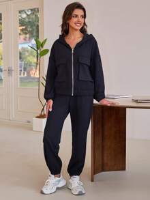 Joyfunear Women's 2 Piece Outfit Hoodie Sweatsuit SetsSummer&Fall Zip Up Lounge Sweatpants Tracksuit - Black - View 6