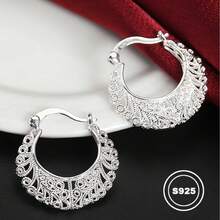 一对优雅复古风格 925 纯银镀镂空蕾丝圈形耳环，适合女性日常佩戴、送礼、狂欢节和四季珠宝 - 銀色 - 查看 2