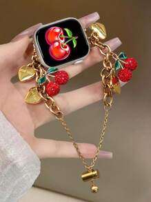 1 件兼容 表带 AppleWatch 表带女款 Love Cherry 吊坠金手链，兼容 38/40/41/42/44/45/46/49 毫米，适用于 Ultra3/2/1/Se/10/9/8/7/6/5/4/3/2/1，可调节伸缩拉丝设计金属表带，苹果手表配件，女士配饰，适合夏季女性