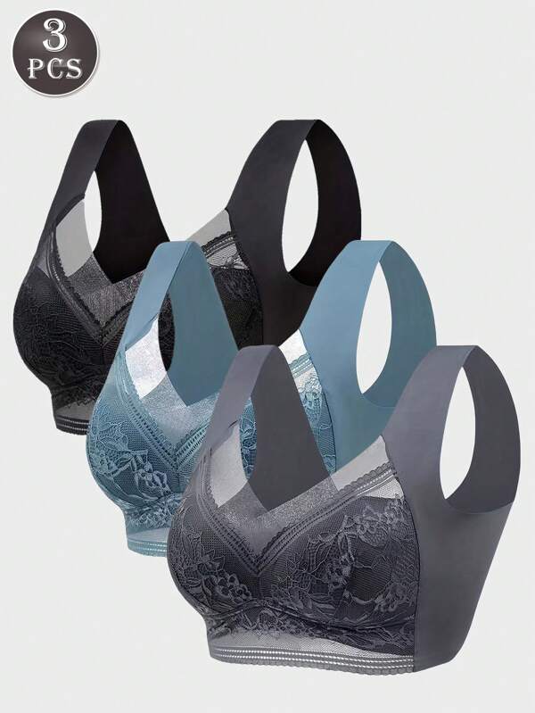 Set de 3 sujetadores deportivos sin costuras, sin alambres, de alta elasticidad con encaje
