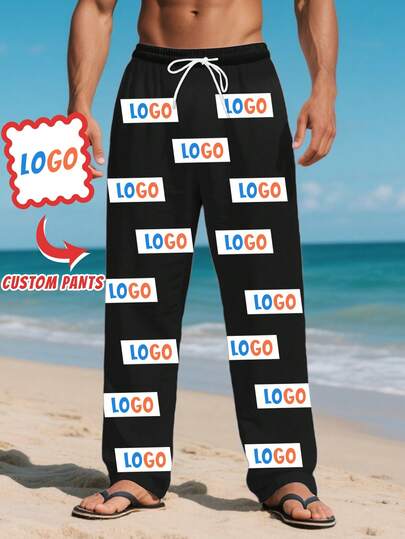 1pc Customizable Men's Straight Casual Pants With Pockets, Drawstring Waist Straight Leg Trousers, Suitable For Casual & Sports Wear, Personalized With Uploaded Photo Print, Unique Photo Customized Gift For Father, Boyfriend, Family & Friends, Summer, Fall