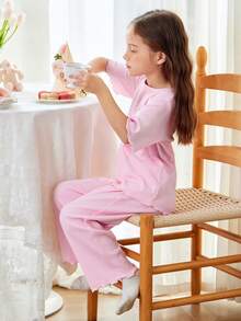 mini bala 女童亲肤睡衣套装夏季新款婴儿柔软弹力甜美透气家居服 - 粉紅 - 查看 2
