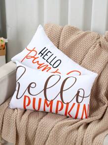2pcs 50*30cm Hello Pumpkin Pattern Rectangular Waist Pillow Case, Throw Pillow Cover, Thanksgiving Day Polyester Peach Skin Material Cushion Cover, Autumn Fall Thanksgiving Holiday Party Family Gatherings Decoration, Creative Home Ornament Decor, Room Bed Sofa Decor ﻿ ﻿
