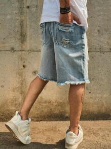 Light Blue Distressed Denim Shorts For Men, Loose Straight Leg Casual Shorts, Summer