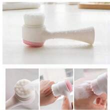 Multi Functional Double-Sided Manual Face Brush With Soft Fiber Bristles For Daily Room Temperature And Cleaning. Silicone Brush Head For Deep Exfoliation Massage. Handheld Ergonomic Stand Up Handle Cleanser Helps Remove Cosmetic Impurities And Refine Pores. Suitable For All Skin Types. Essential Beauty And Skincare Program Accessories For Men And Women. White Brush Body Standing Design