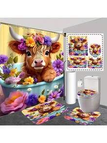 1/4 Pcs Cute Highland Cow Bathroom Set - Christmas Red Hat Shower Curtain, Bath Mat And Toilet Seat Cover - Adorable Farm Animal Design Bathroom Decor - Multicolor - View 10