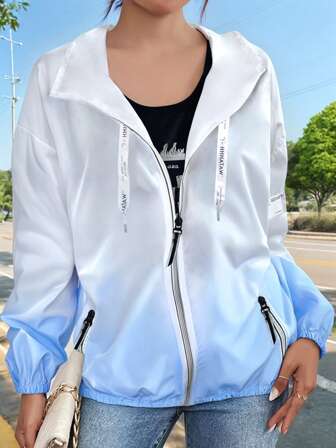 轻盈女士夏季防紫外线连帽薄款防晒夹克，长袖，透气连帽防晒衫（带口袋）