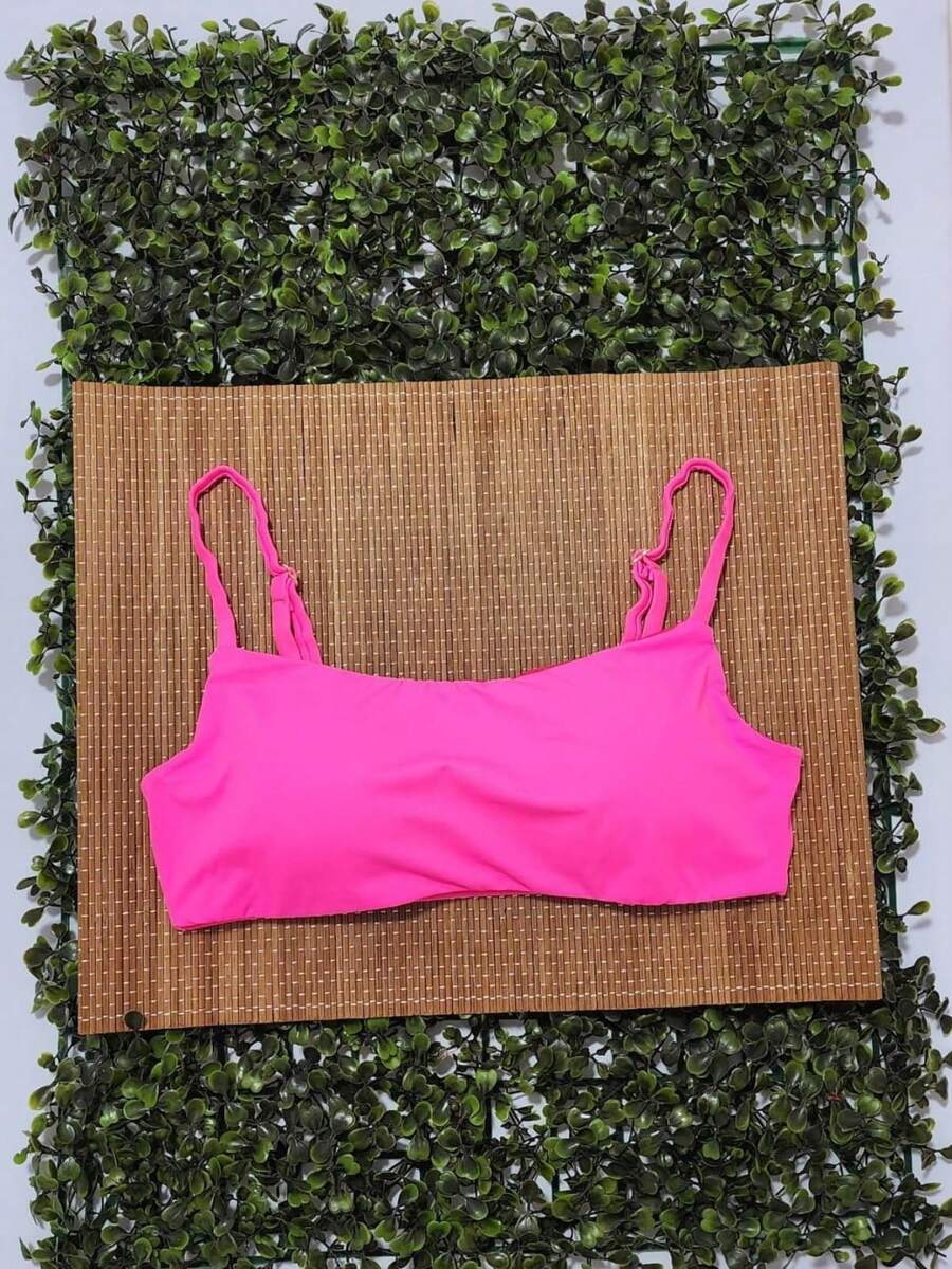 Bikini Top Simple Bandeau Thin Straps With Removable Pads And Separate Polyamide Adjuster - Hot Pink - View 1