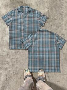 Camisa de manga corta de cuadros azules informal, suave y cómoda de moda para primavera
