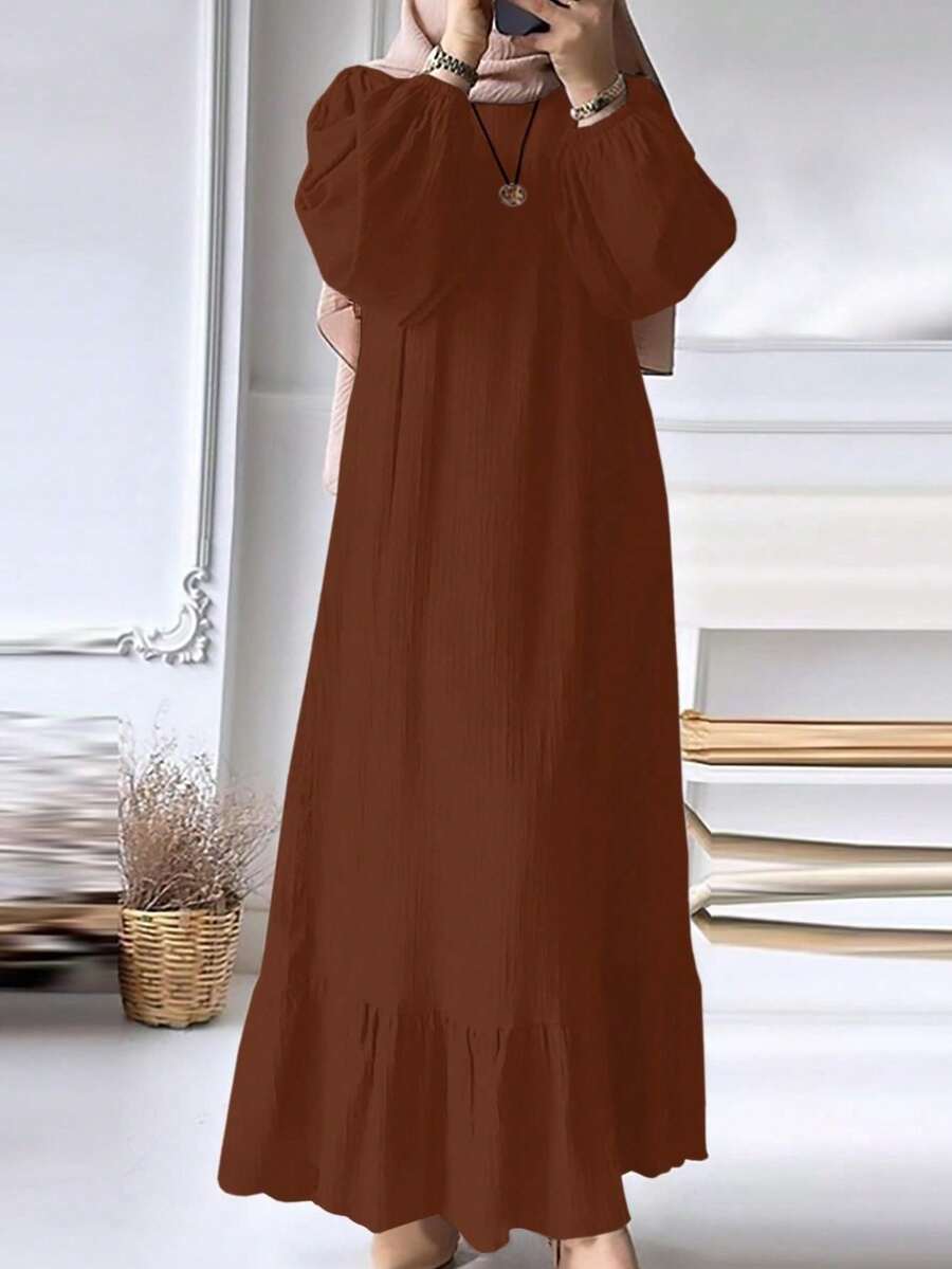 Women's Solid Color Fashionable Puff Sleeve Ruffle Hem Dress