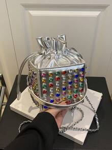 1pc New Crossbady Bags For Girl Women's Pu Leather Handbags Female Lady Bucket Shoulder Messenger Bags Classic Fashion Square High Quality Brand Designer Rhinestone Studded Camera Makeup Bag Drawstring Bag Chain Shoulder Strap With Drawstring Suitable For Dating, Shopping, Commuting, And Working Black Silver White - Multicolor - View 5
