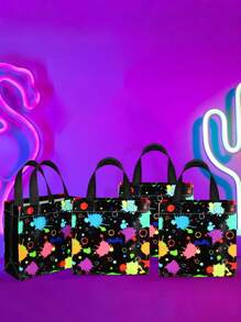 6pcs-Glow In The Dark Gift Bags, Non-Woven Fabric, Bright Neon Print, Reinforced Edges Gift Bags, Glow Party Gift Treat Bag With Handles, Non Woven Goodie Bags For Party, Theme Party Gift Bags With For Birth Party, Mother's Day Graduation Party
