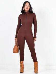 Macacão Elegante Feminino Manga Longa Anarruga Virginia Moda Gringa Blogueira Com Zíper Frontal [Cinto não Incluso] - Marrom - Visão 2